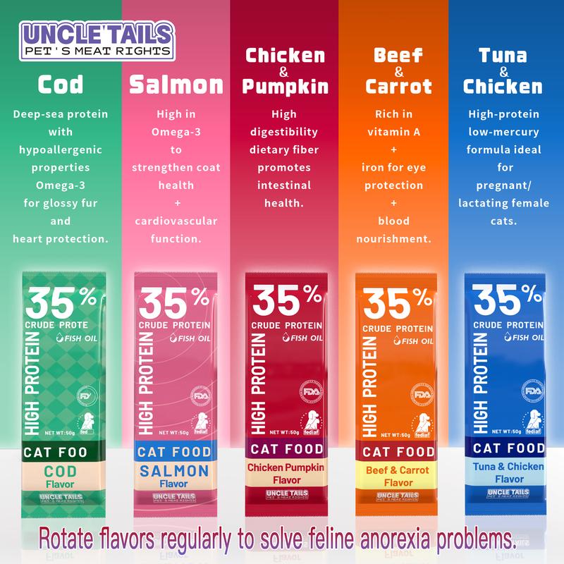 Cat Food Wet Food (35% Protein), UNCLE TAIL 50gr Staple Cat Treat Sticks, Beef, Chicken and Tuna cod Mixable