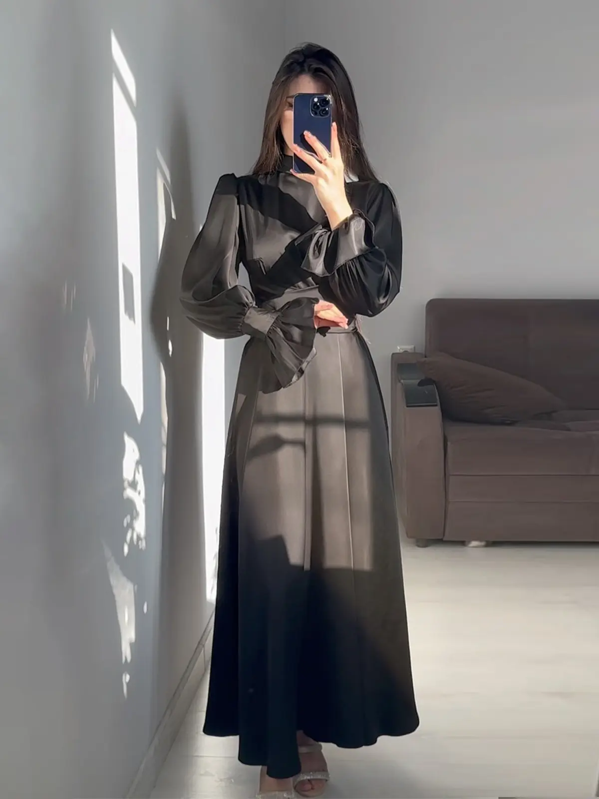 Long Sleeve Bubble Sleeve Solid Color Fairy Style Dress