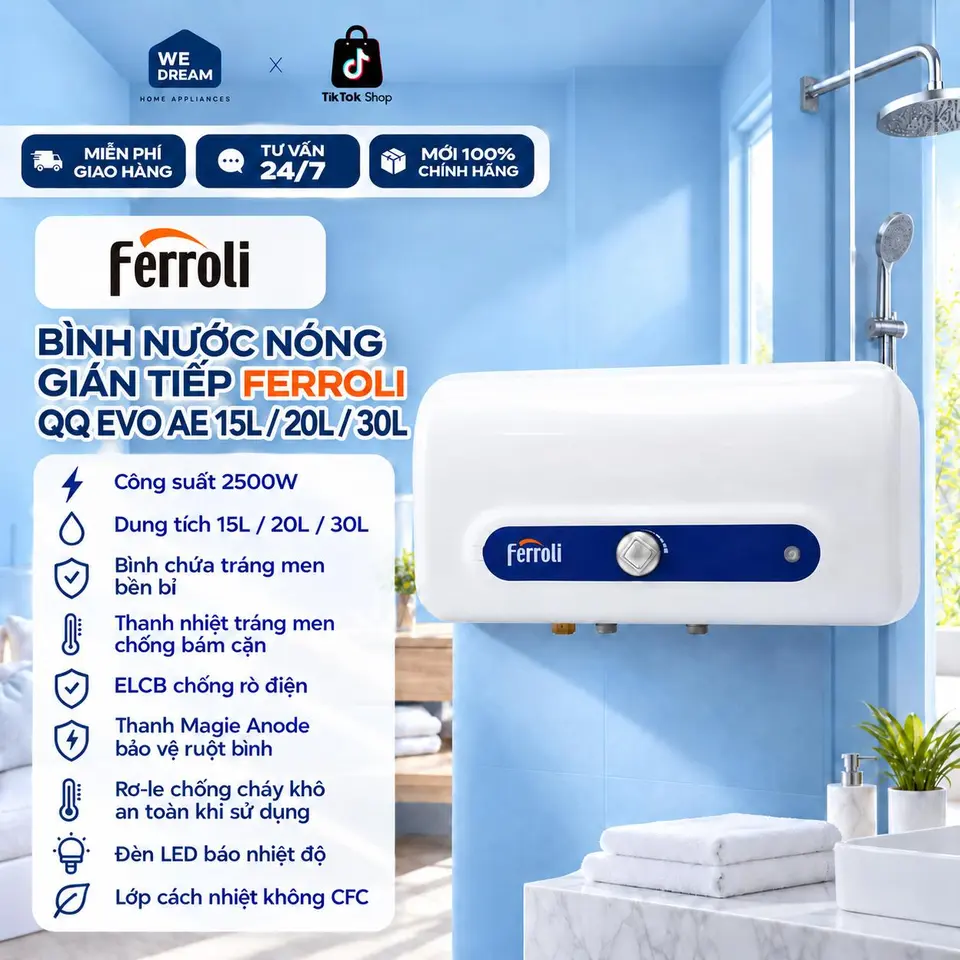 Máy Nước Nóng Gián Tiếp Ferroli QQ EVO 20 Lít AE 2500W - Hàng Chính Hãng, Hàng Mới