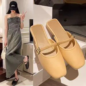 French wrap-around setengah sandal pakaian luar wanita musim semi dan musim panas baru mulut dangkal serbaguna sepatu tunggal wanita datar sepatu Mary Jane musim panas