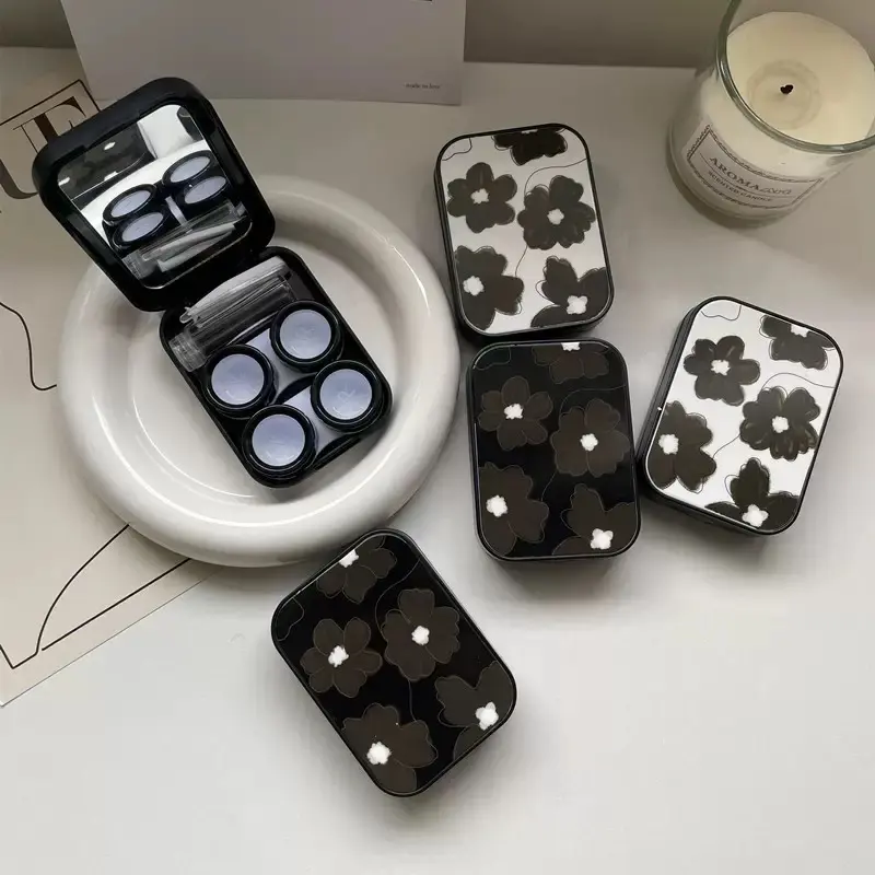 Floral Pattern Contact Lens Case, 5 In 1 Travel Contact Lens Box With Mirror Tweezers Remover Tool Solution Bottle For Daily Use