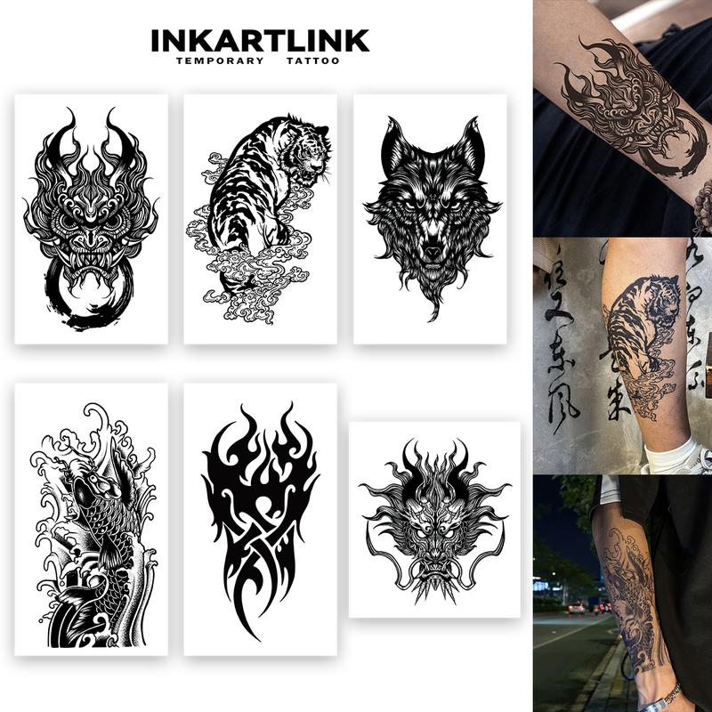 Bộ miếng dán hình xăm tạm thời cỡ lớn, Hình xăm ma thuật, Sói, Hổ, Cá Koi, Ngọn lửa, Rồng, 6 miếng/bộ, Hàng mới về, Hình xăm chống thấm nước