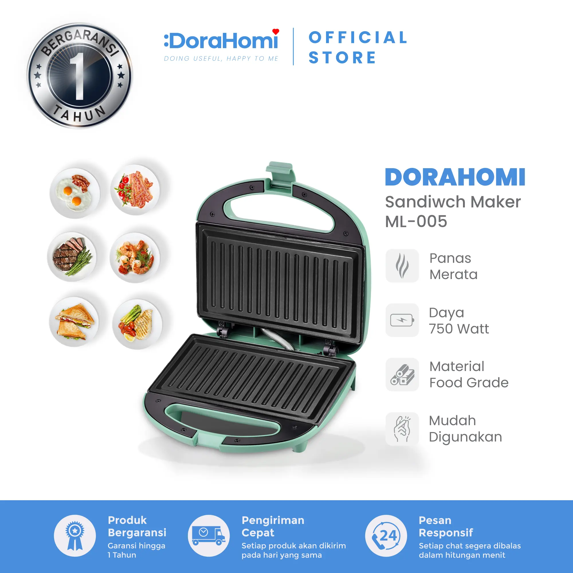 COD GARANSI Sandwich Maker Dorahomi Toaster Alat Pemanggang Roti Bakar Kaki Anti Geser hijau Tipe IDO Tipe UK
