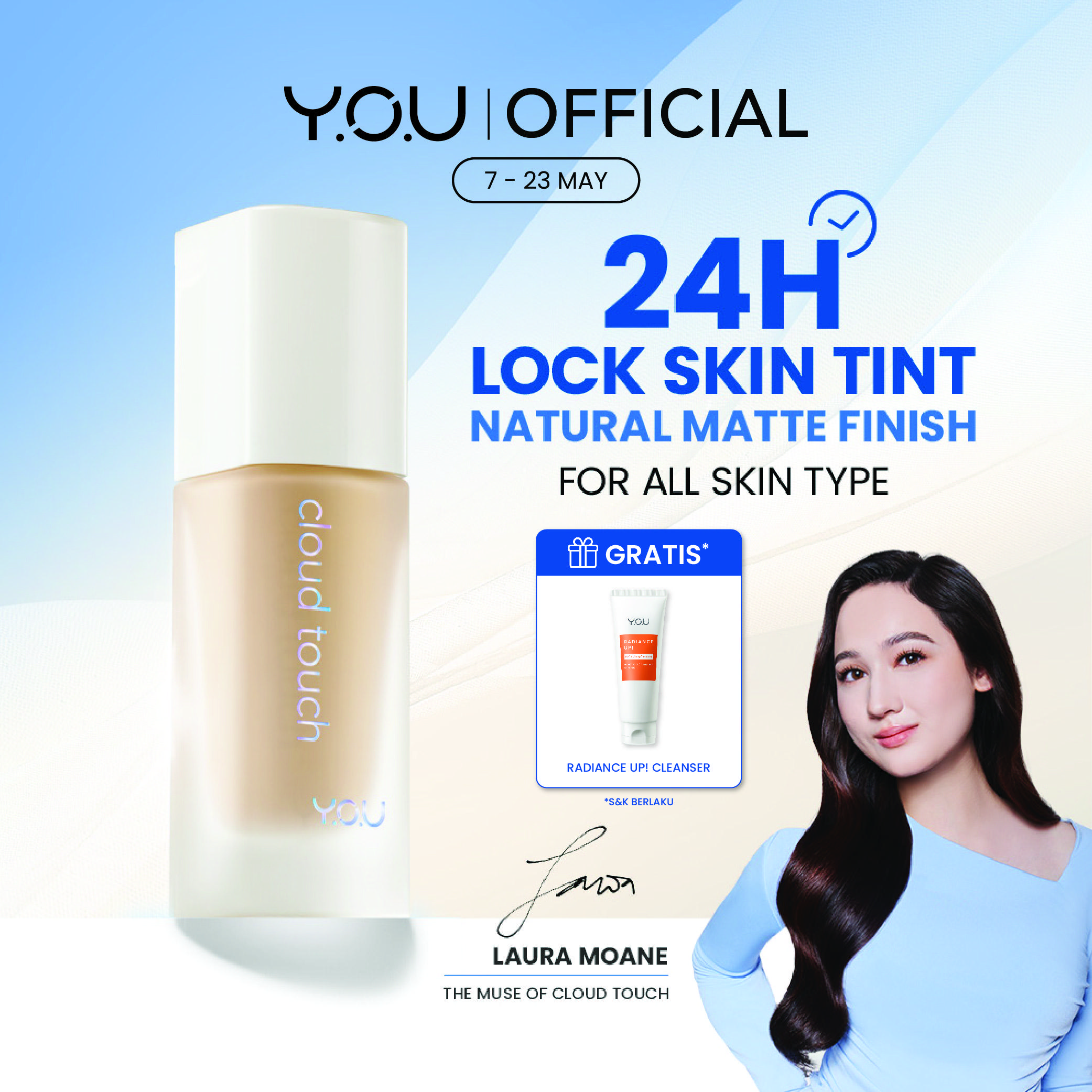 [FREE CLEANSER] YOU Cloud Touch Blurring Skin Tint Liquid Foundation Natural Matte Finish Tahan Lama 24 Bedak Wajah SPF Kosmetik