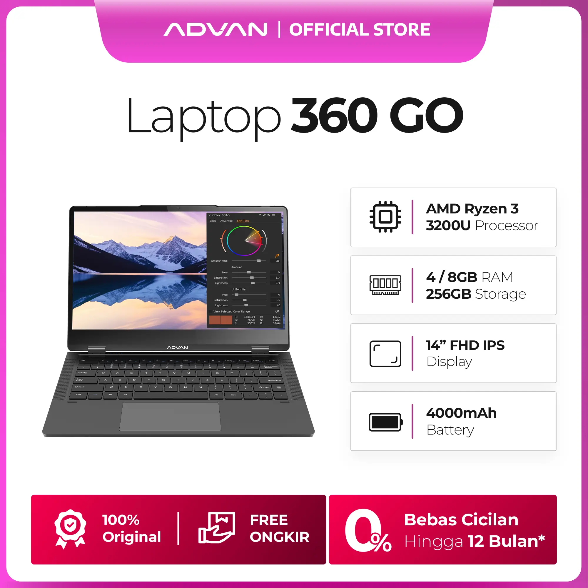 ADVAN 360 Go 4GB/8GB | 256GB | 14” AMD Ryzen 3 3200U FHD IPS Touchscreen | Laptop 2-in-1 Notebook Flip Free Windows 11 Original Garansi Resmi