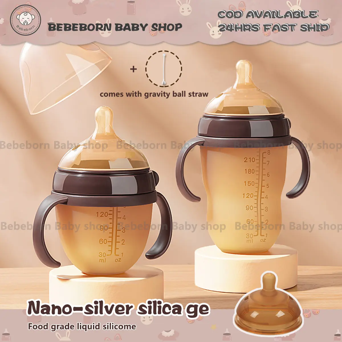 Bình Sữa Silicon Siêu Mềm Cho Bé, Hai Màu, Cổ Rộng, Ống Hút Bóng Trọng Lực Chống Đau Quặn, Nhiều Màu Lựa Chọn, Không Chứa BPA, Cho Bé Gái Và Bé Trai