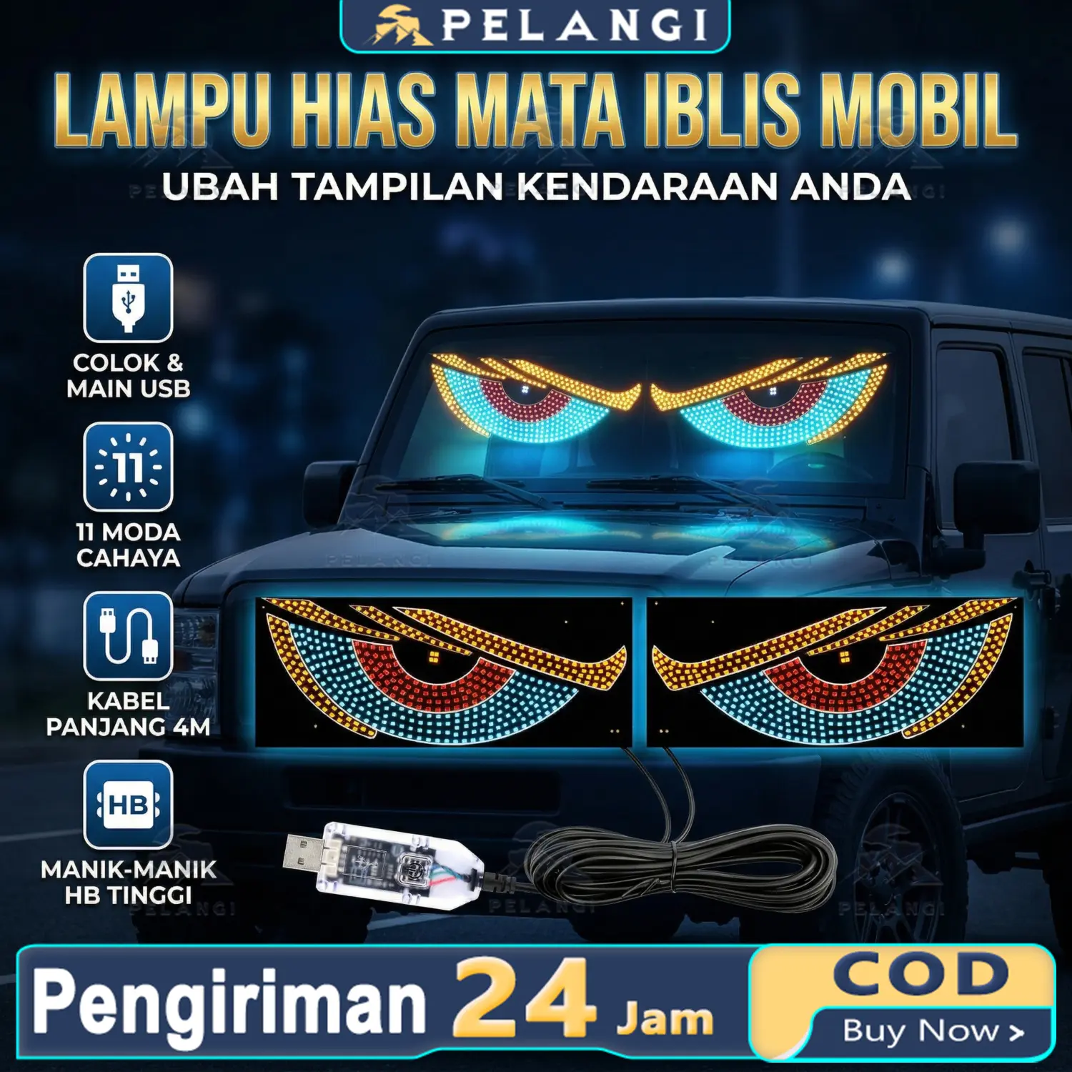 DEVIL EYES BESAR 30X12 LED 11MODES LAMPU USB FLASH MATA KEDIPDEMON RGB