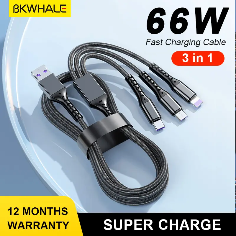 BKWHALE 5A Fast Charger Cable 3 in 1 Super Charge Cable Micro Usb / Type-C charging Cables