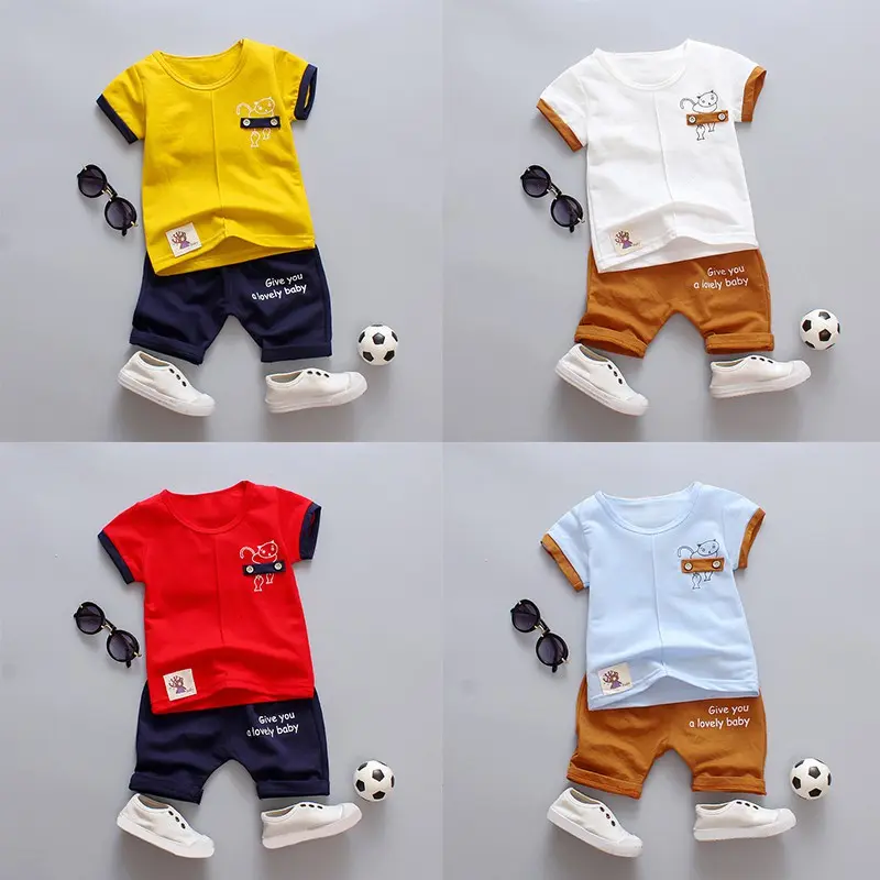 Children Summer Cartoon Cat Printed Short Sleeve T-shirt Round Collar Casual Tops+Pants