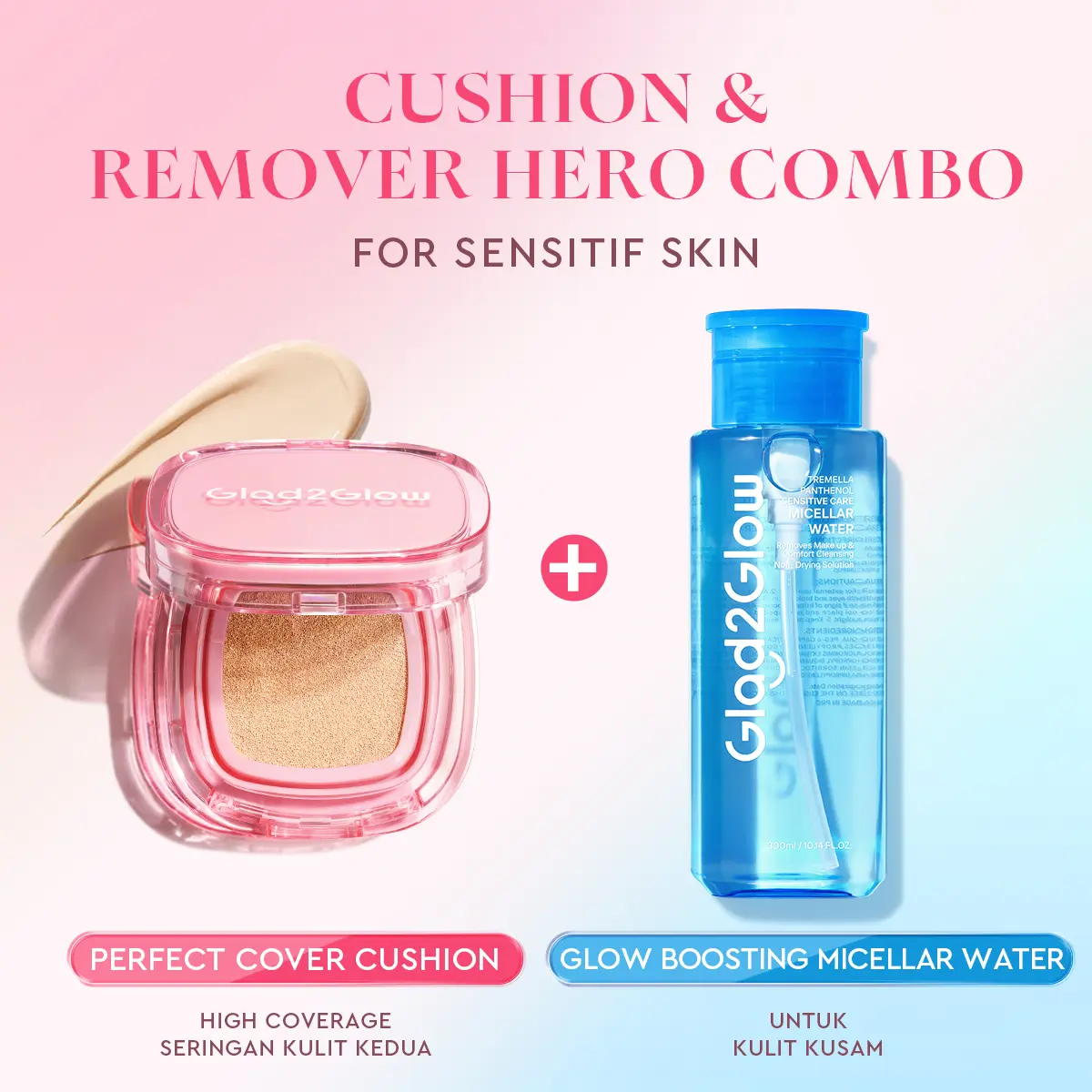 【Hero combo】Glad2Glow Cushion&Remover 2 in 1 cushion 02+micellar water perfect cover makeup set dengan kandungan skincare mencegah kekusaman dan kulit kering sepanjang hari G2G
