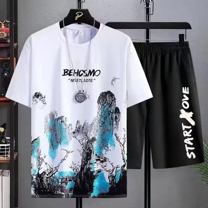 FNCXGE Men Short Sleeve T-Shirt Shorts Two-piece Fashion Loose Plus Size Casual Sports Short Pants Suit M-5XL Menswear Overalls