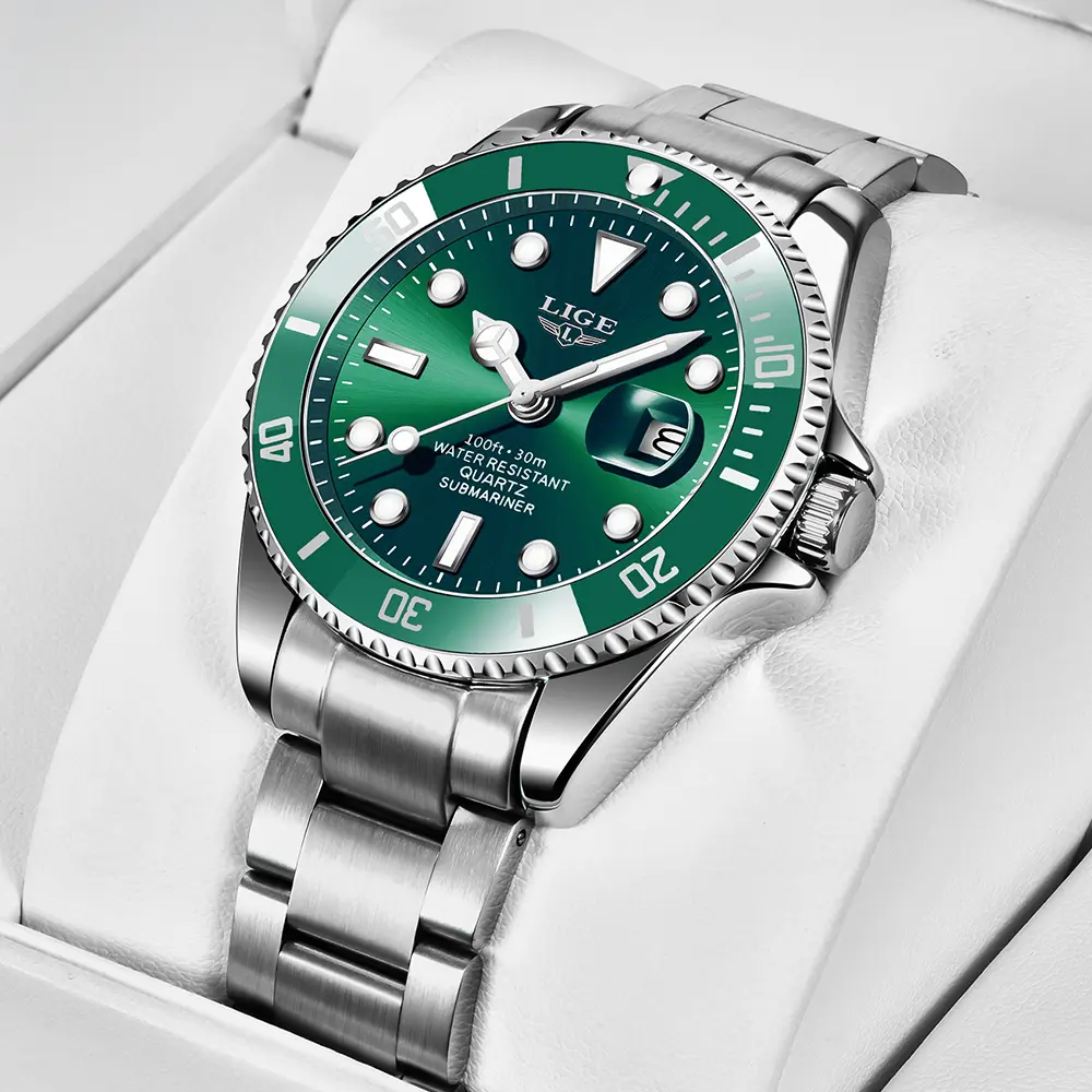LIGE Original Fashion Watch for Men Analog Quartz Stainless Steel Strap Luminous Waterproof Date Display Classic Wrist Watch+Box