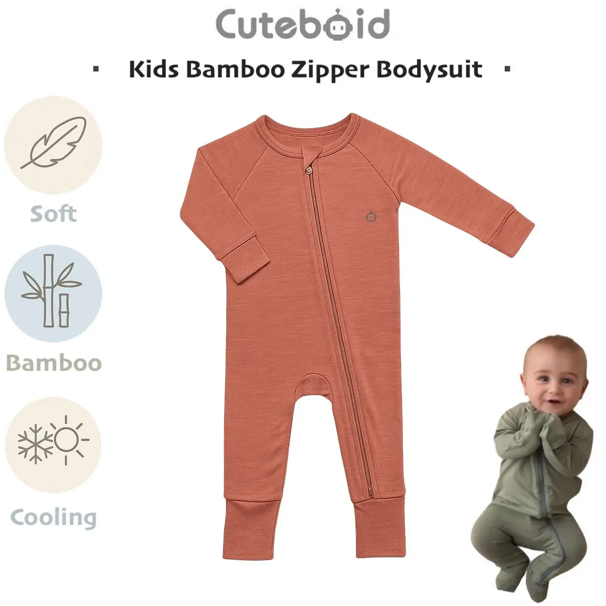 Cuteboid Baby Bamboo Zipper Bodysuit Kids Onesie Sleepwear Pyjamas Baby Sleeping Romper Clothes