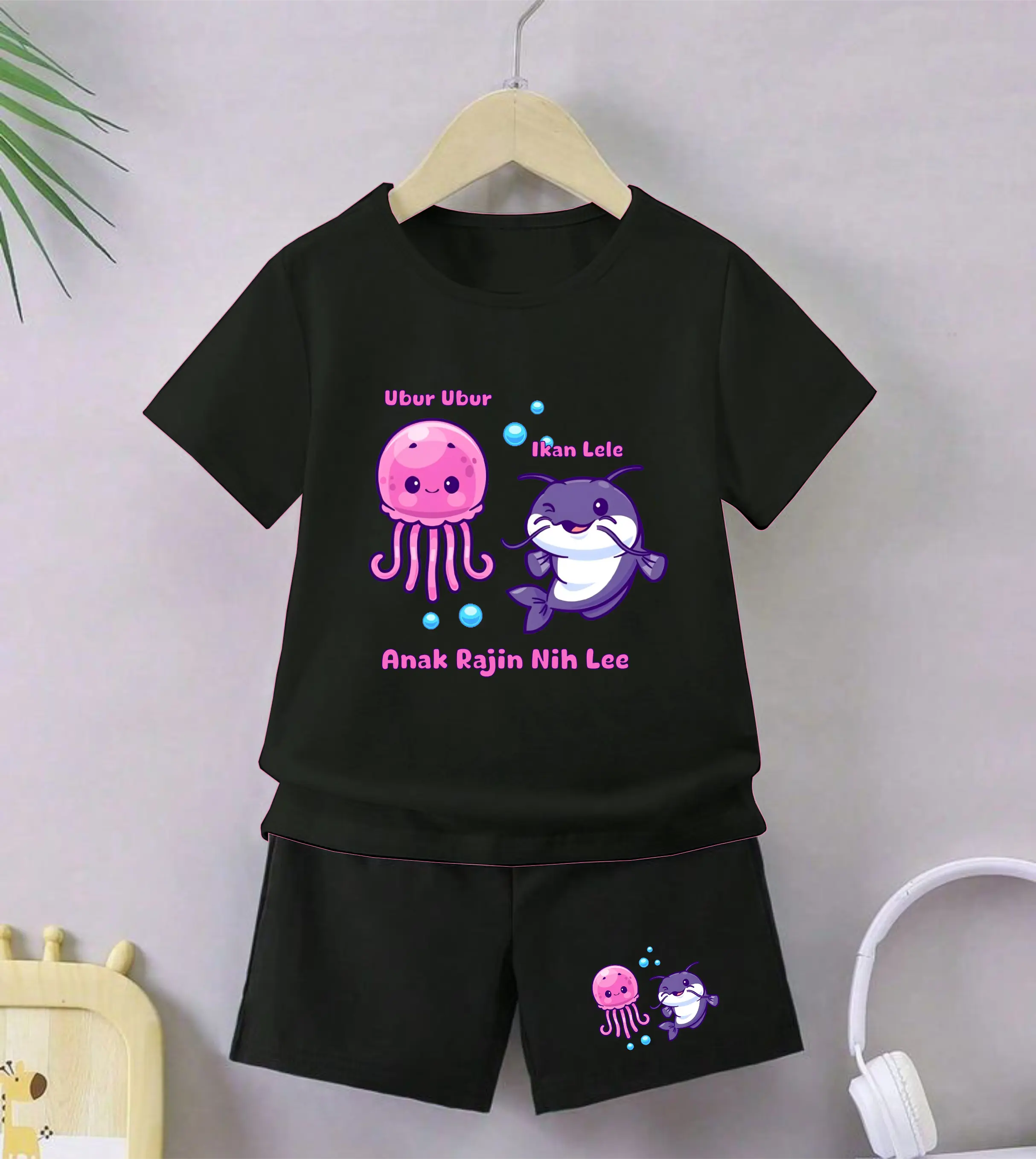 Luwi Kids Setelan Anak Celana Hitam Cewek Cowok Gambar Ubur Ubur Ikan Lele Celana Fashion set Baju