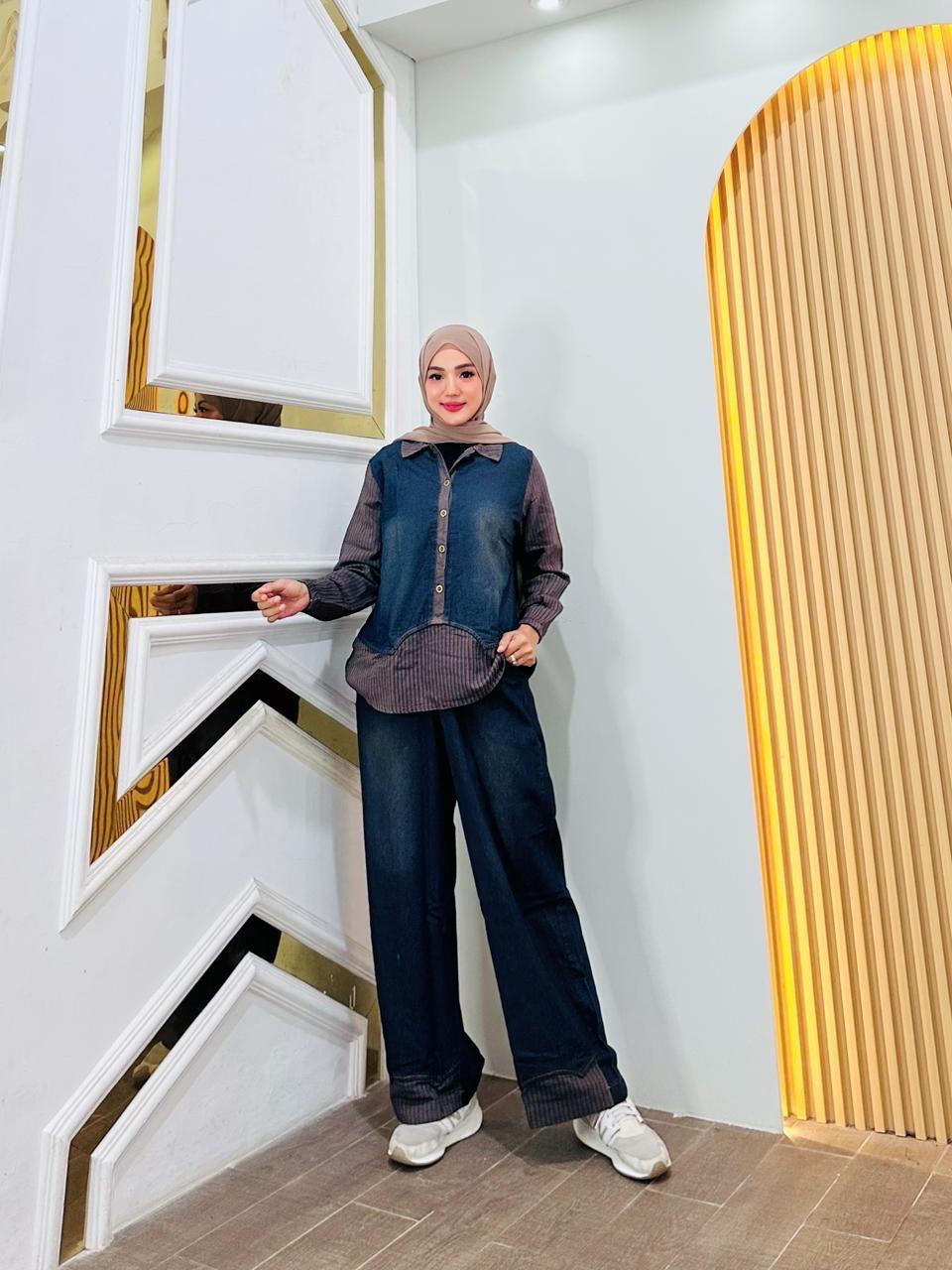 Meiko One Set Celana Jeans Salur Fashion Muslim Wanita Kekinian