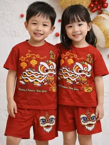 Setelan Baju Imlek Anak Laki-laki Gong Xi Fa Cai Lengan Pendek Bahan Katun Usia Anak 3 Bulan Sampai 10 Tahun Medel Desain Terbaru