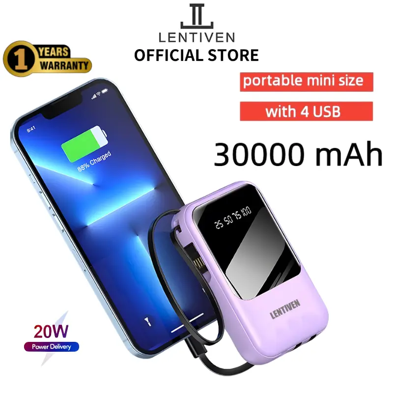 Lentiven powerbank 30000 mAh mini size iphone with 4 usb fast charging Lightweight LED Display BH31 Baterai Hitam