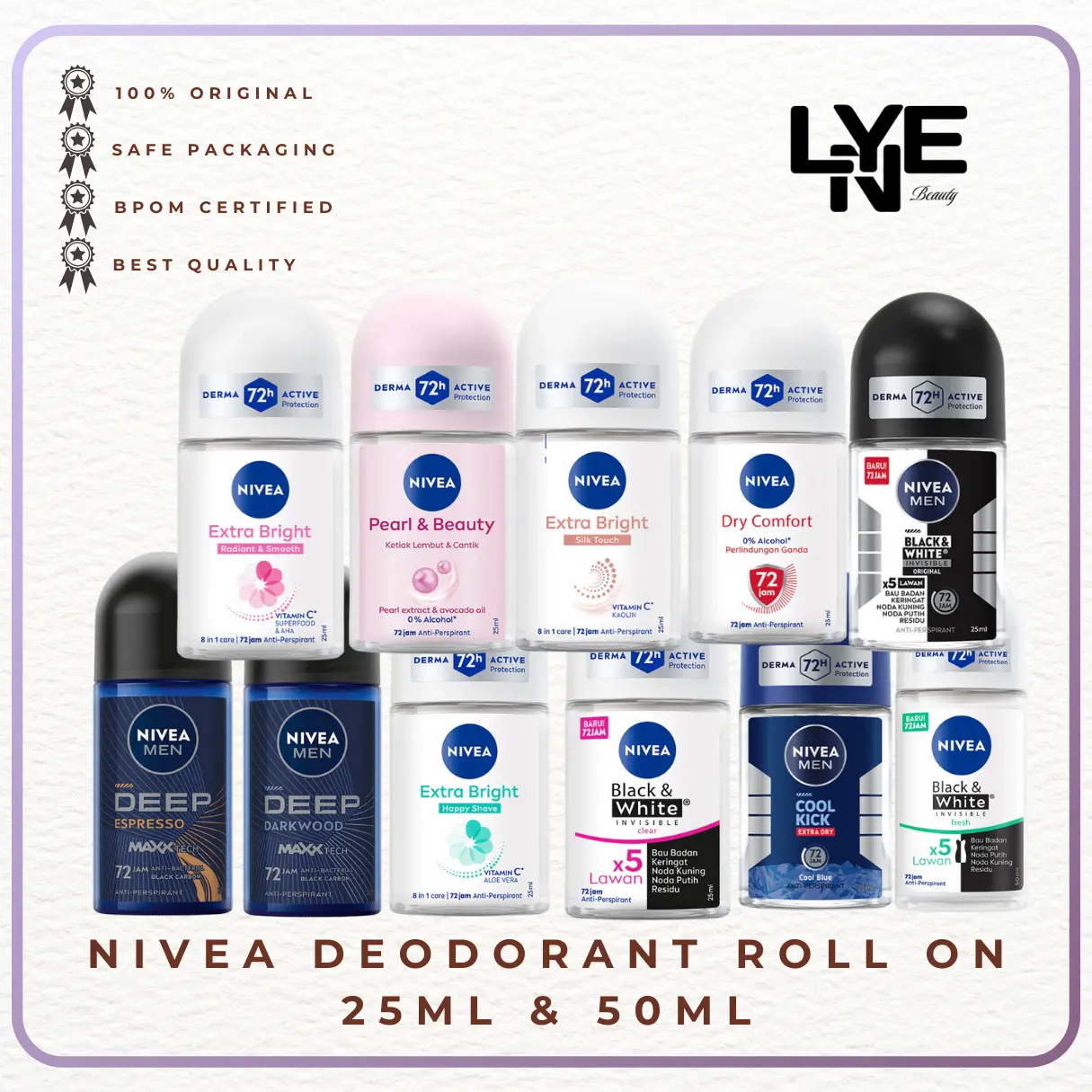 Nivea Deodorant Roll On All Varian 25ml / 50ml / Extra Brightening / Happy Shave / Pearl & Beauty / Deodorant Men Pria Deep / Cool deodorant  aman