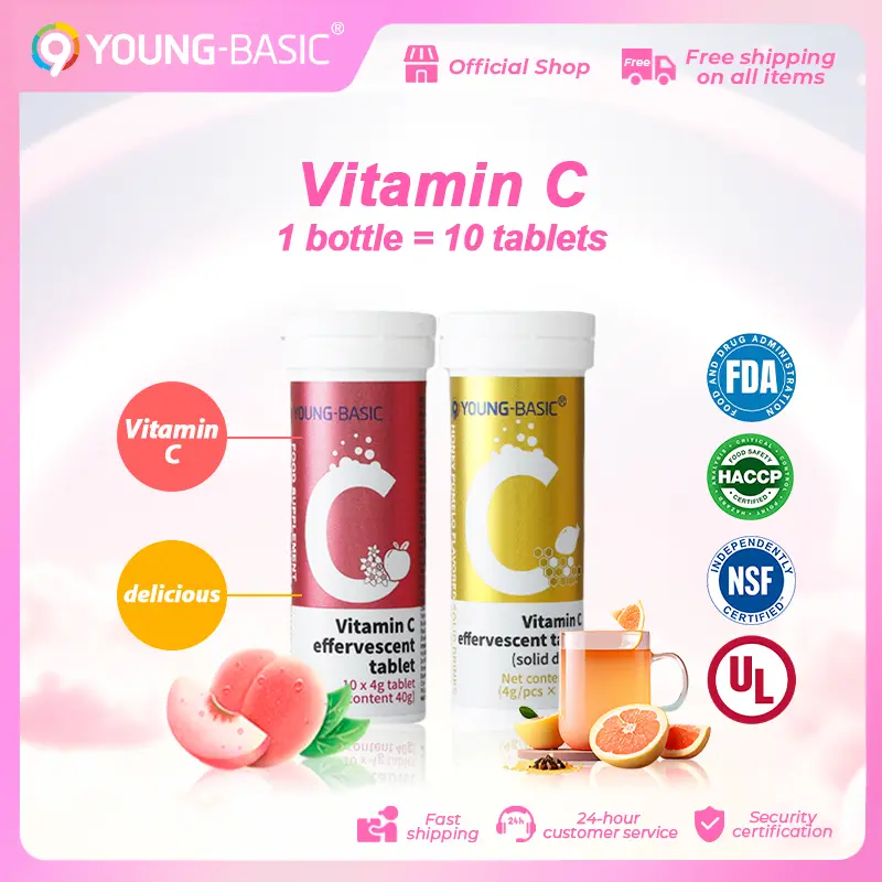 9YOUNG-BASIC FDA certified Vitamin C effervescent tablets, 1 bottle has 4g x 10 tablets,1 bottle contains 80mg of vitamin C,  supplement vitamin C,fruit flavor,Sweet|Scientific formula| tangy and delicious