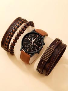 Set de reloj de cuarzo analógico con esfera redonda y pulsera para hombre, Set de reloj vintage para fiesta, Decoración de ropa diaria, Set de reloj moderno y versátil, Exquisito set de reloj para regalo de cumpleaños