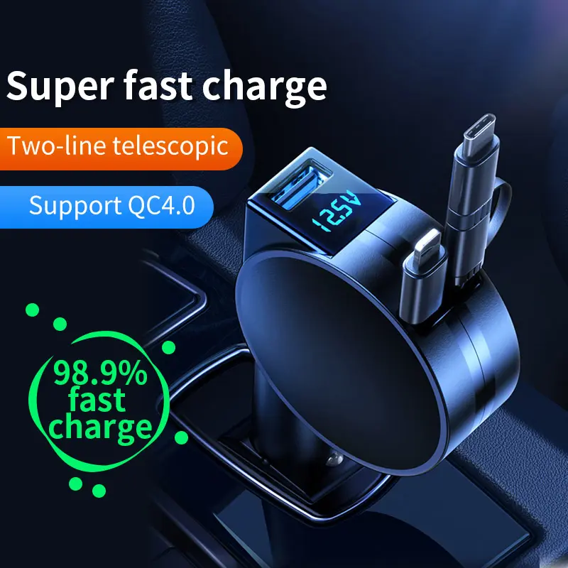 3 In 1 Car Charger Telescopic Fast Charge Cable Adapter Plug for Car Truck 60W QC4.0 Quick Charge Type C / IP/ Micro USB Cable Compatible for iPhone 13 X XR Huawei Samsung Oppo Vivo Charging Smartphone