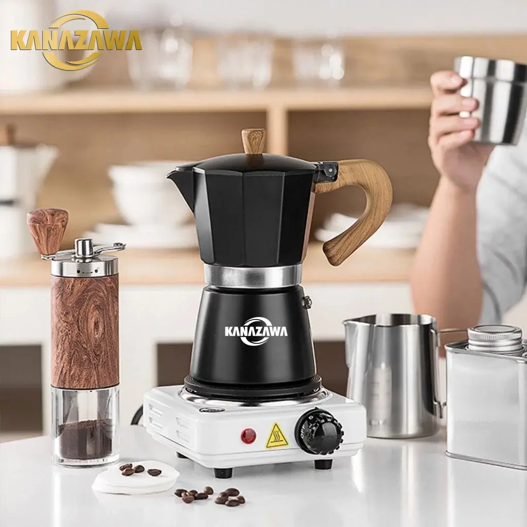 [KANAZAWA]Alat espresso moka aluminium, kopi espresso instan, cocok untuk kompor, mesin kopi espresso moka, moka delapan sisi