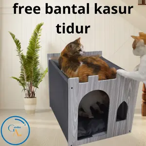 RUMAH KUCING TINGKAT BESAR FULL PAPAN BONUS MANGKOK MAKAN KUCING