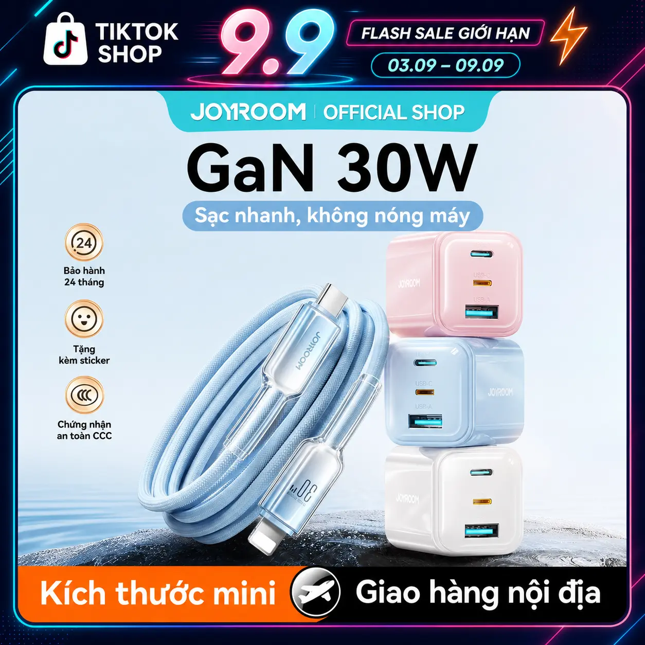 Bộ sạc nhanh JOYROOM GaN 30W, 1 USB-C, 1 USB-L, 1 USB-A, Sạc nhanh nhiệt độ thấp, Kích thước nhỏ, Tương thích với iPhone 8 ~ 17 & iPad & Android，Mẫu: TCG14