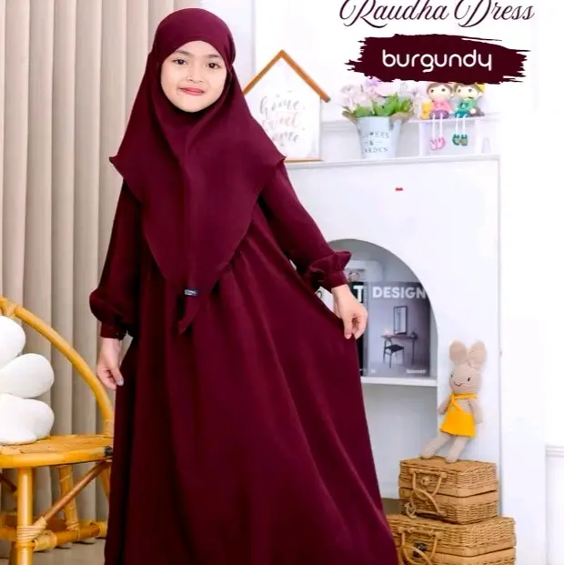 baju gamis anak satu set jilbab Gamis Anak Perempuan Satu Set Kerudung Putih untuk Manasik Haji dan Cringkle Anak - Fashion Dress Pakaian Muslim Setelan Baju Lebaran Tanggung Remaja gamis burgundy