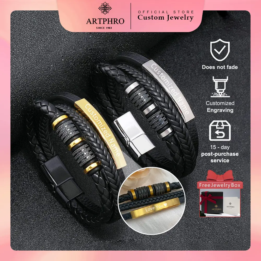 【Customized name】ARTPHRO magnetic leather braided bracelet for Men for woman gift