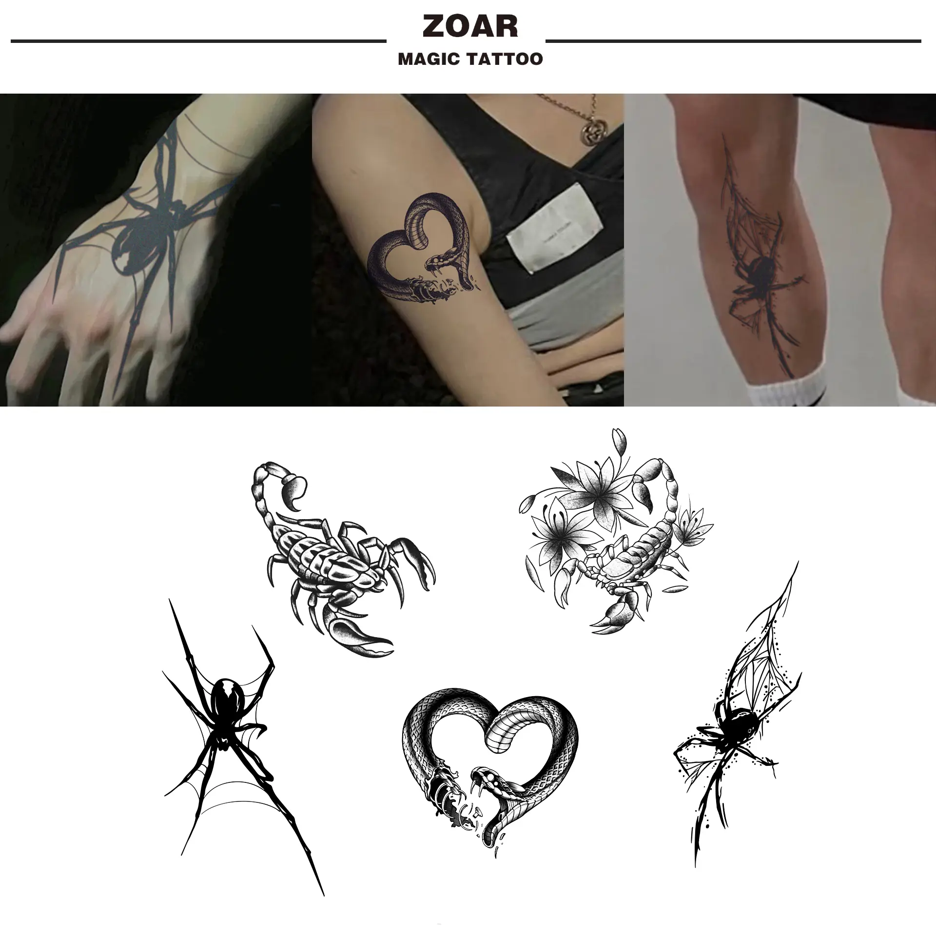 Temporary tattoo sticker ZOAR-27【snake scorpion spider】Long-lasting tattoo adhesive art decoration for men and women.