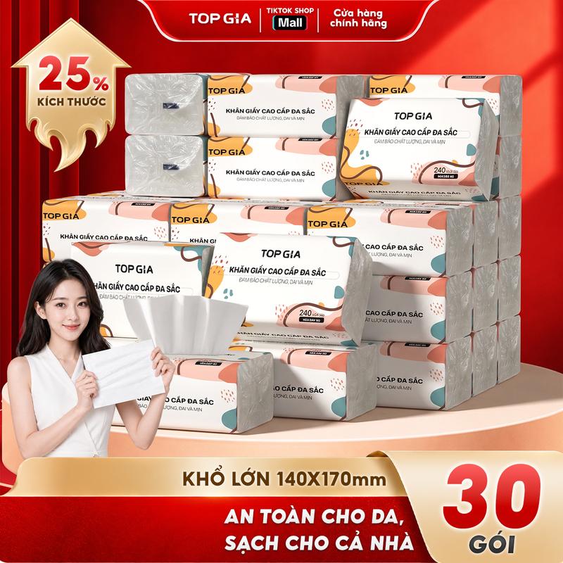 (DEAL HOT - ĐA KHO) Thùng 30 Gói Giấy Đa Sắc TopGia, Giấy Ăn Cao Cấp Dập Vân 4D, 4 Lớp, Dai, Mềm Mịn. Khăn Giấy Vệ Sinh VTG84