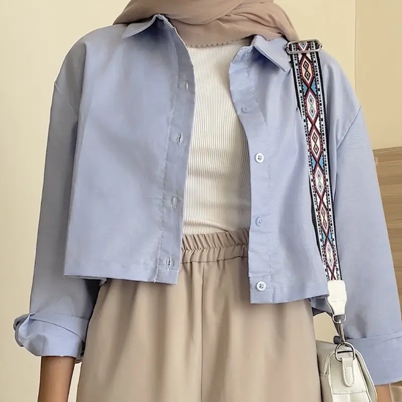 Kemeja Poplin Crop Polos Lengan Panjang Blouse Korea Kemeja Wanita Casual