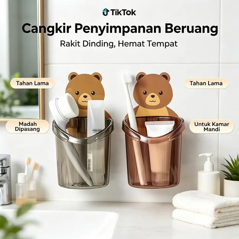 Tempat Pasta Gigi Wall Mount Karakter Beruang Bahan Premium, Lubang Tiris Cepat Kering Anti Jamur Hemat Tempat, Cocok Anak Kos