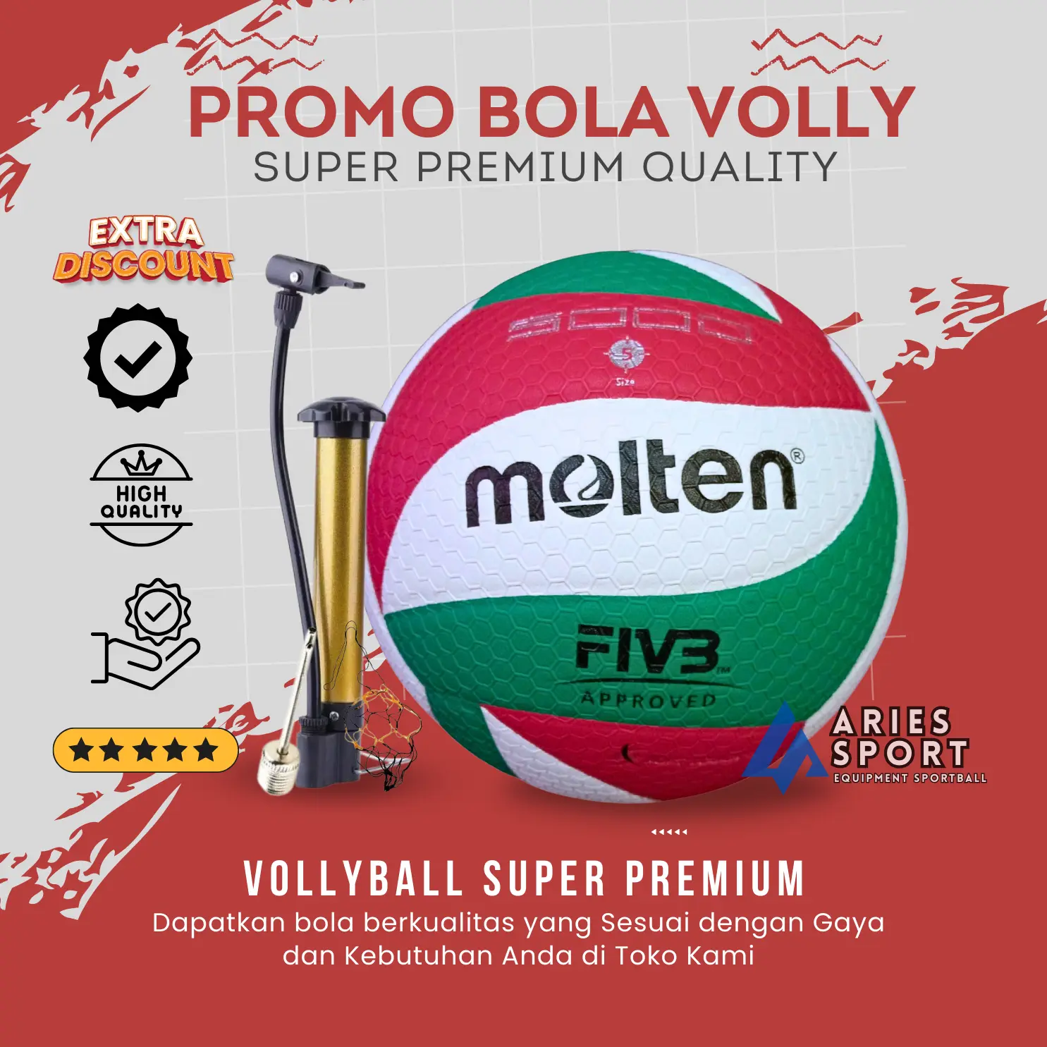 bola volly/voli molten Grand Original 5000 Outdoor Dan Indort(Bonus Pompa Pentil jaring