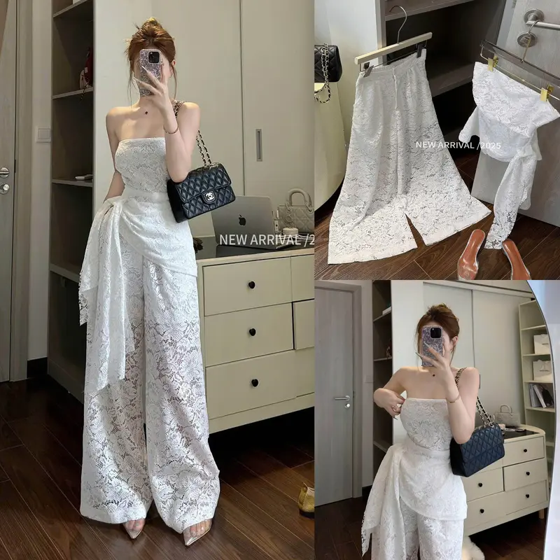 Set Ren Quây Trắng Buộc Vạt Lệch Cá Tính Quần Ống Suông Top Nữ Loan Định Boutique LD345