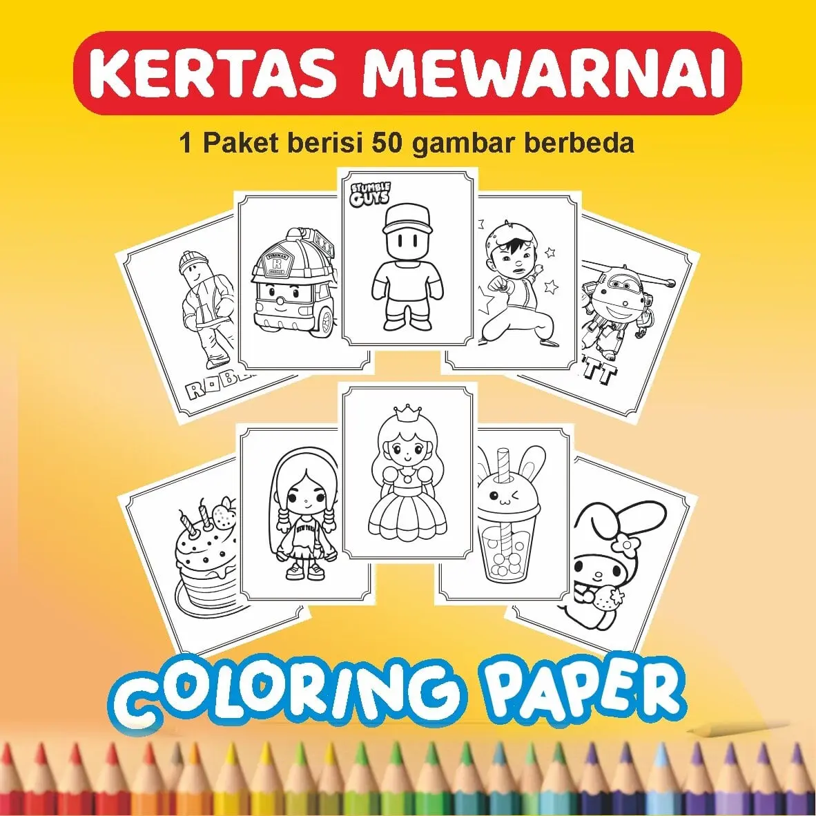 Lembar kertas mewarnai berisi 20 lembar dan 50 halaman gambar yang berbeda, lembar aktivitas anak sekolah Paud dan TK, coloring worksheet