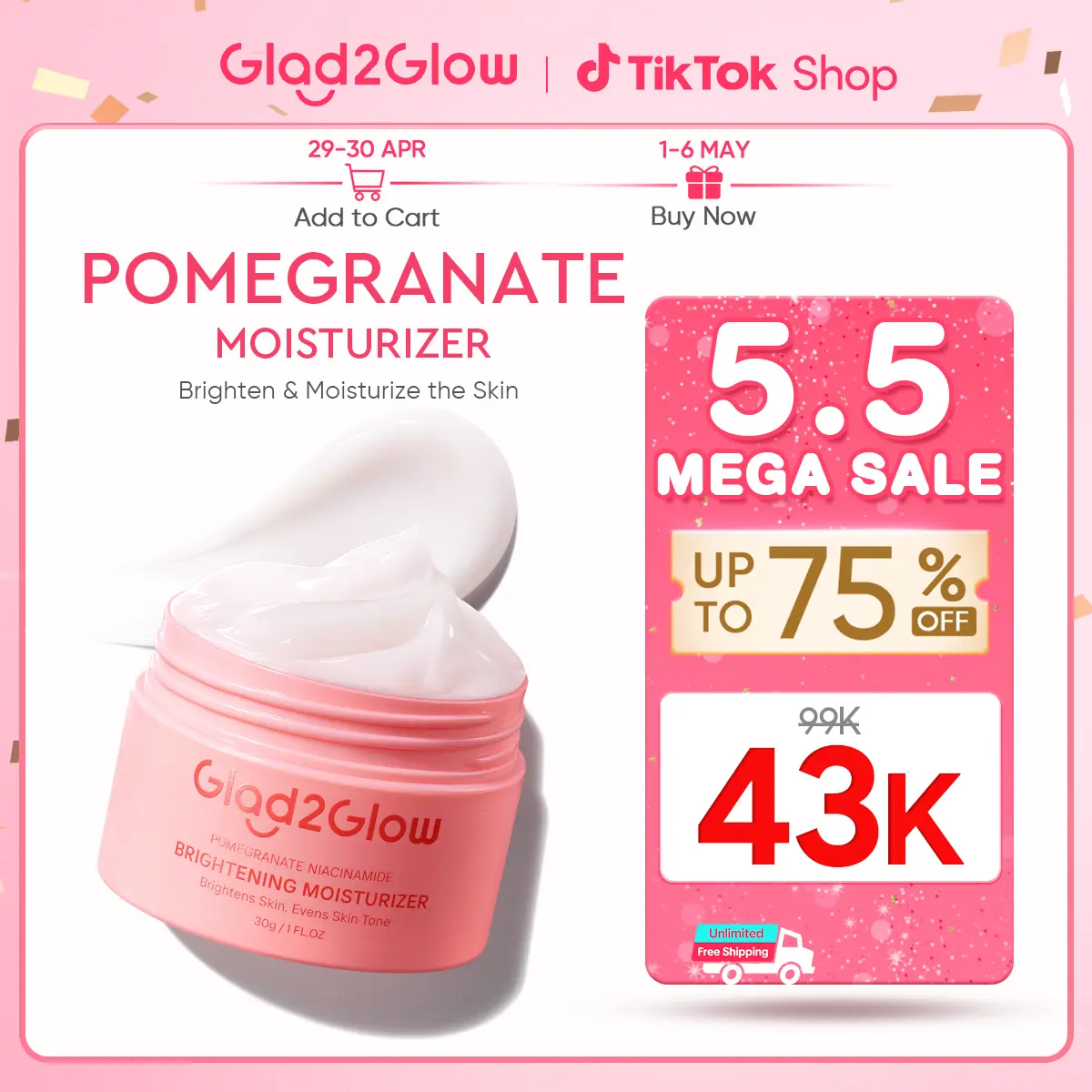 GLAD2GLOW Brightening Moisturizer Pomegranate Niacinamide Extract Hitam Mencerahkan Wajah Pencerah Pelembab Glowing whitening bright Mencerahkan Melembabkan Kulit skin skincare G2G