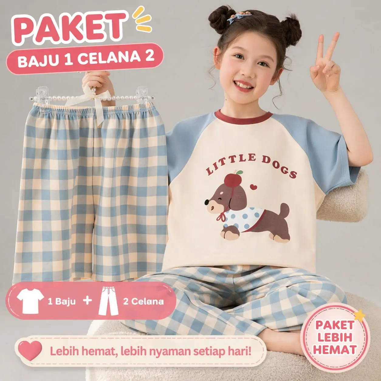 setelan baju anak cewek kimono 3in 1 lengan pendek motif lucu 1set dapat 1 baju +2 celana litlle dog