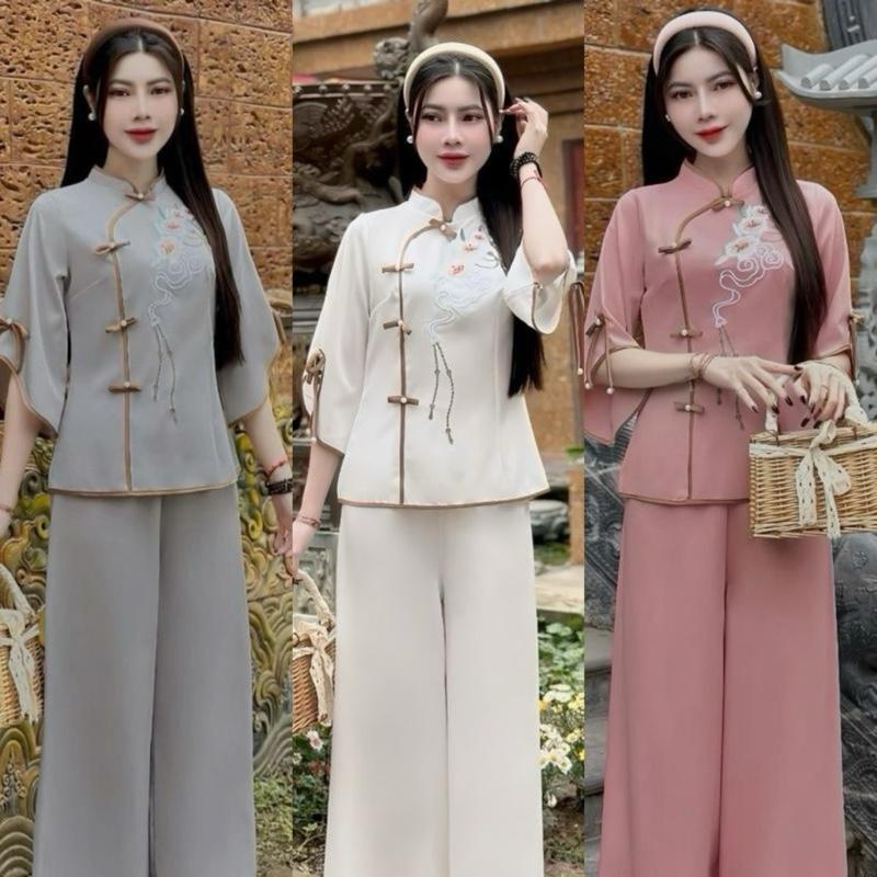 Pháp phục- đồ lam đi chùa Quỳnh Anh-Lụa trượt thêu hoa nơ tay thanh lịch QA17
