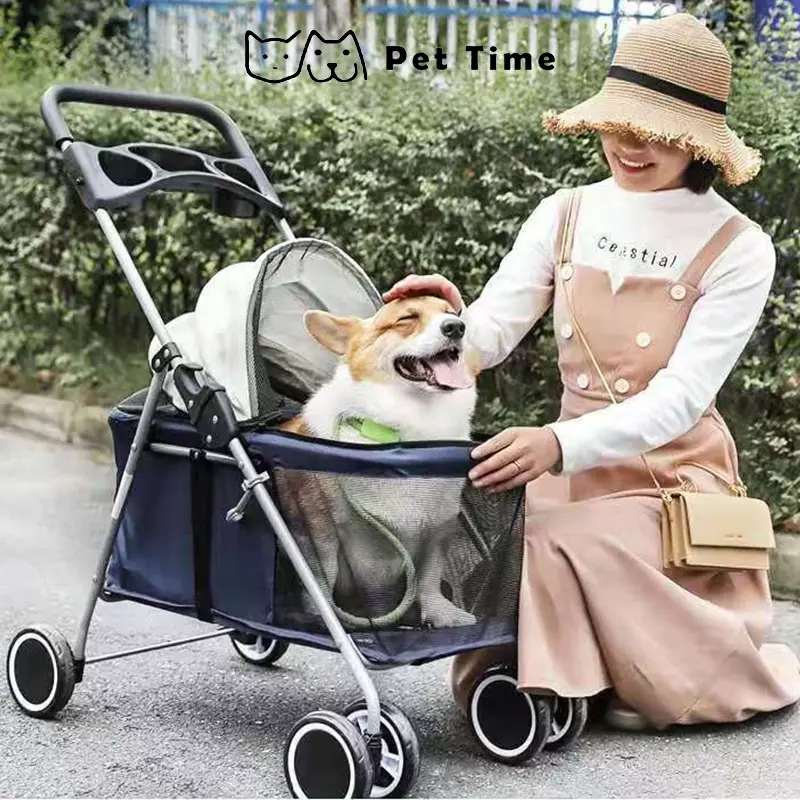 Pet Time Kitty Teddy outdoors Pet Stroller Foldable Dog Cat Carrier 4 Wheel Lightweight Trolley Foldable Pet Stroller