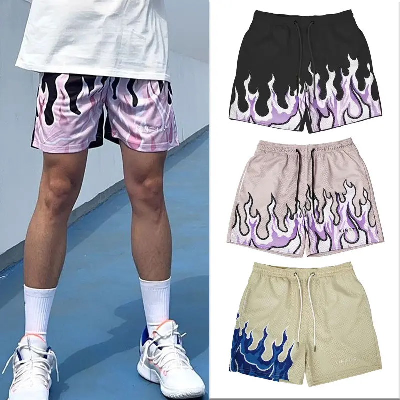 Street Style Flame Printed Basketball Mesh Shorts American Sports Drift Short Pants