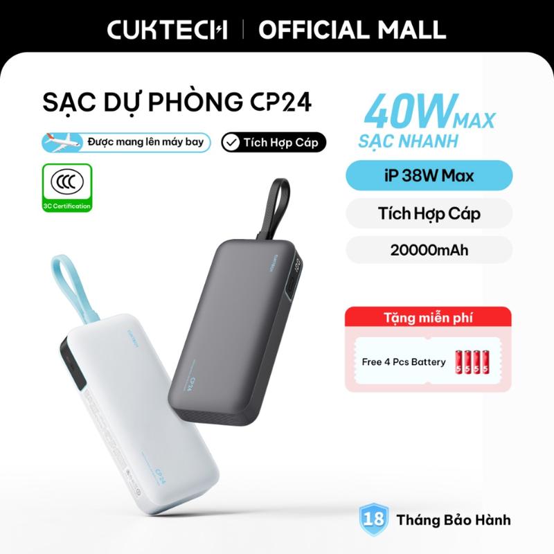 【Được chứng nhận CCC】CUKTECH Pin Dự Phòng 20000mAh Sạc Nhanh 40W  Tích Hợp Dây, Hỗ Trợ iP 38W / Xiaomi 33W  CP24 Powe