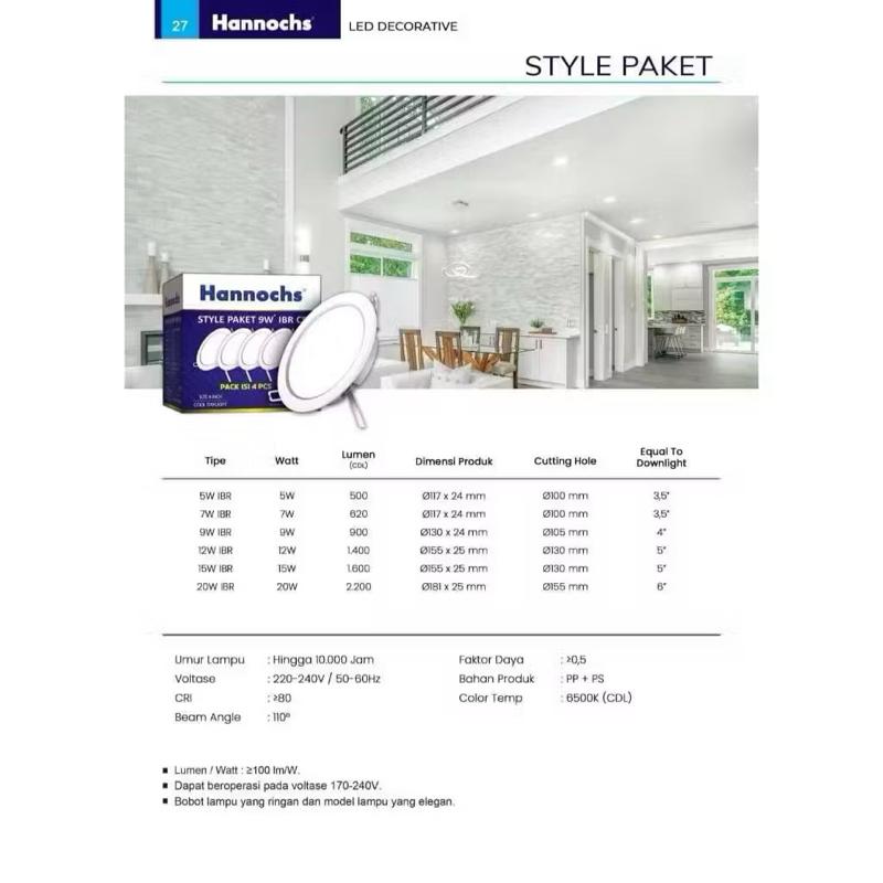 Downlight Hannochs Paket 3 free 1 / Downlight Panel Slim Tipis Bulat IBR Hannochs STYLE PAKET ISI 4Pcs Lampu LED 5w 7w 9w 12w 15w 20w Putih ORIGINAL / lampu downlight paket hannochs ORI