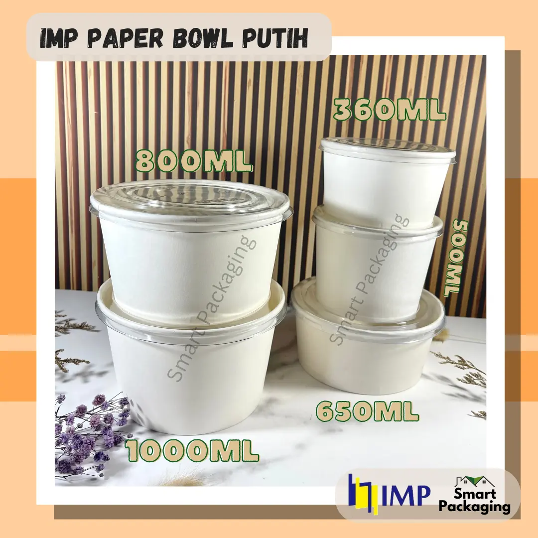 [ISI 25 PCS] IMP Paper Bowl 360ml 500ml 650ml 800ml 1000ml / Paper Bowl + Tutup / Mangkok Kertas Polos / Mangkok Kertas + Tutup / Mangkuk Sekali Pakai / Paperbowl 12 17 23 28 33 Oz
