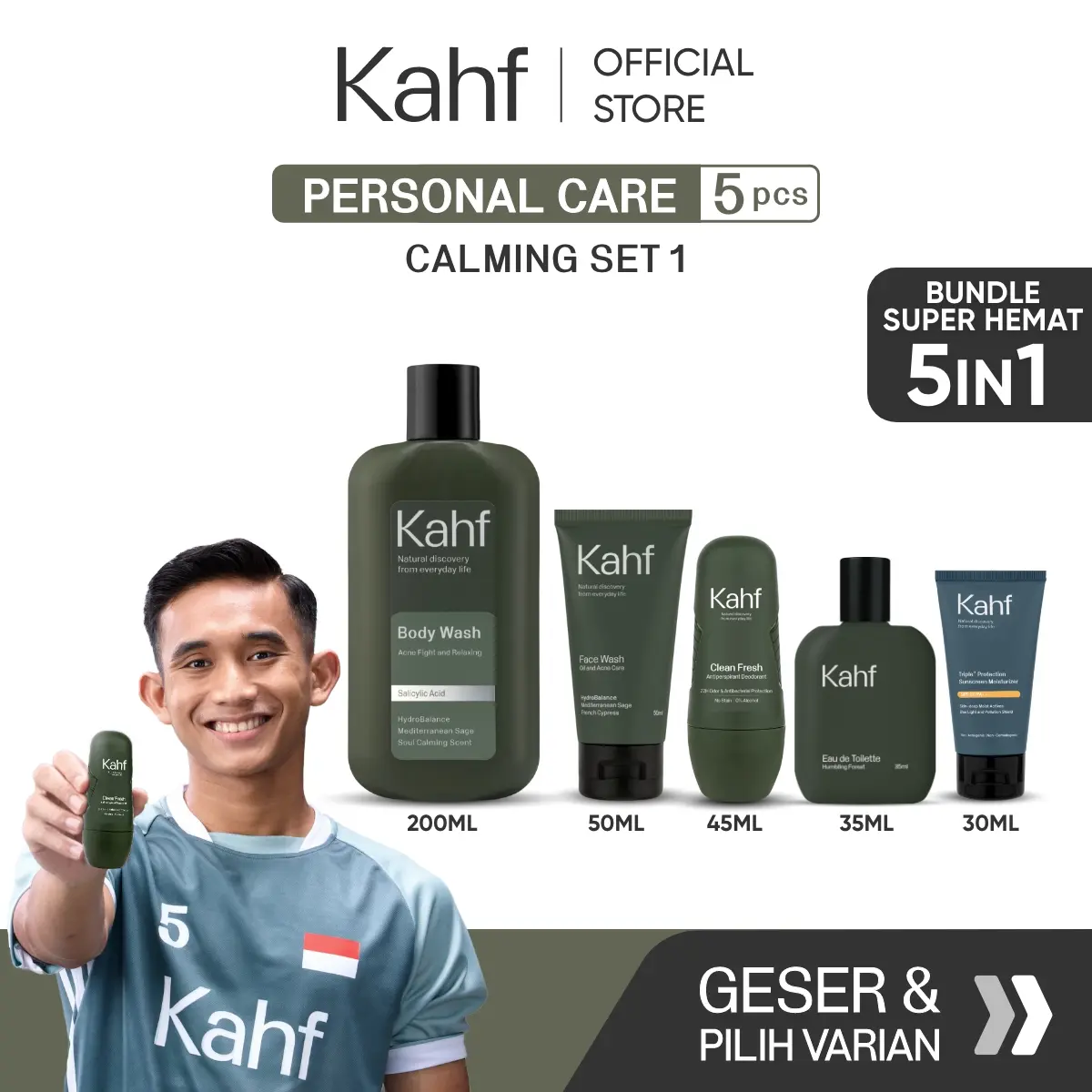 Kahf Paket Personal Care Isi 5 (Face Wash + Sunscreen Moisturizer + Body Wash + Deodorant + Eau de Toilette) - Suitable for Daily Use
