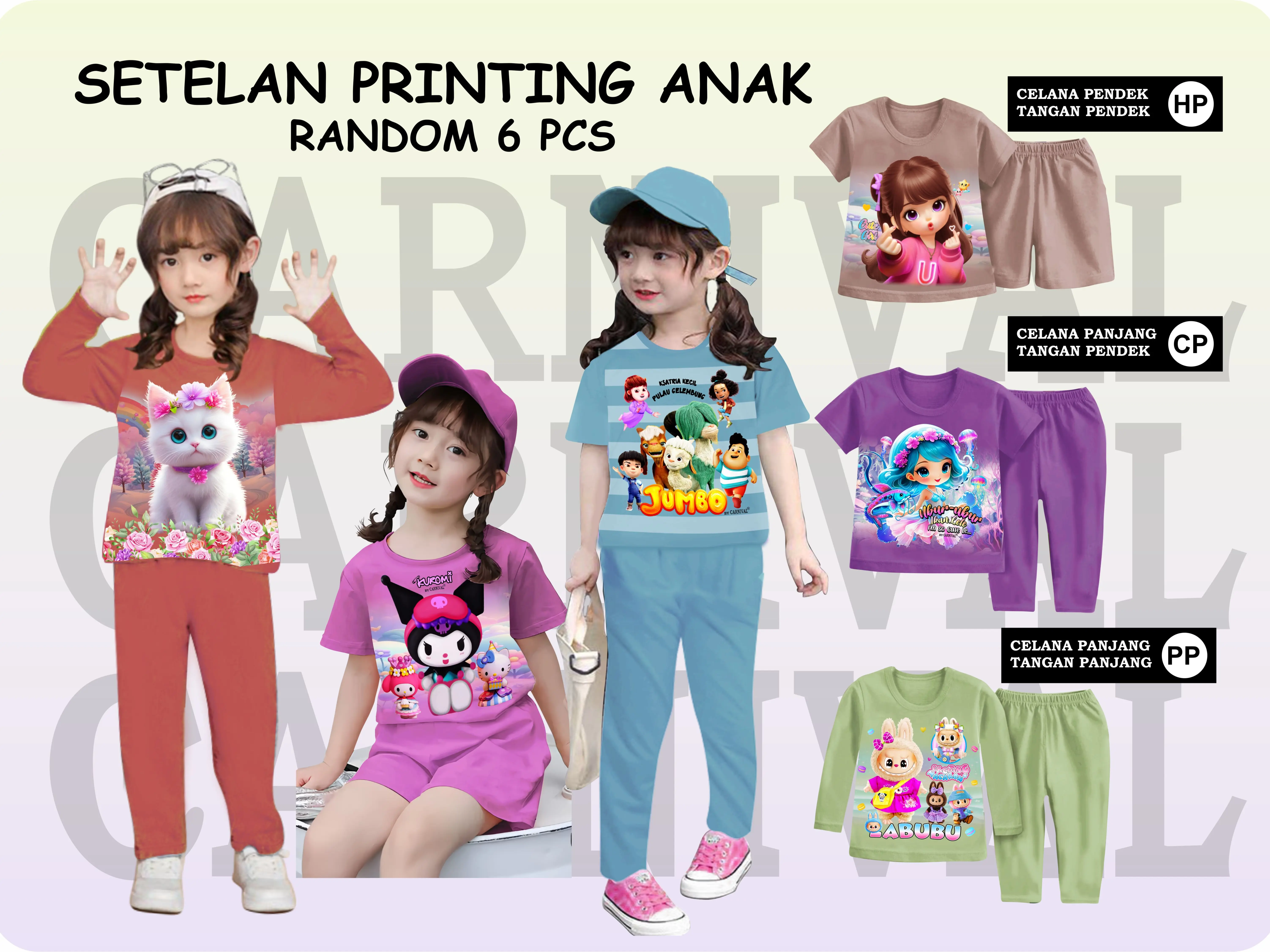 Paket Hemat Setelan Anak Perempuan Model Dasar Polos, Motif Printing Lucu, 6 Setelan, Usia 1-8 Tahun - Fashion Bayi Parsel