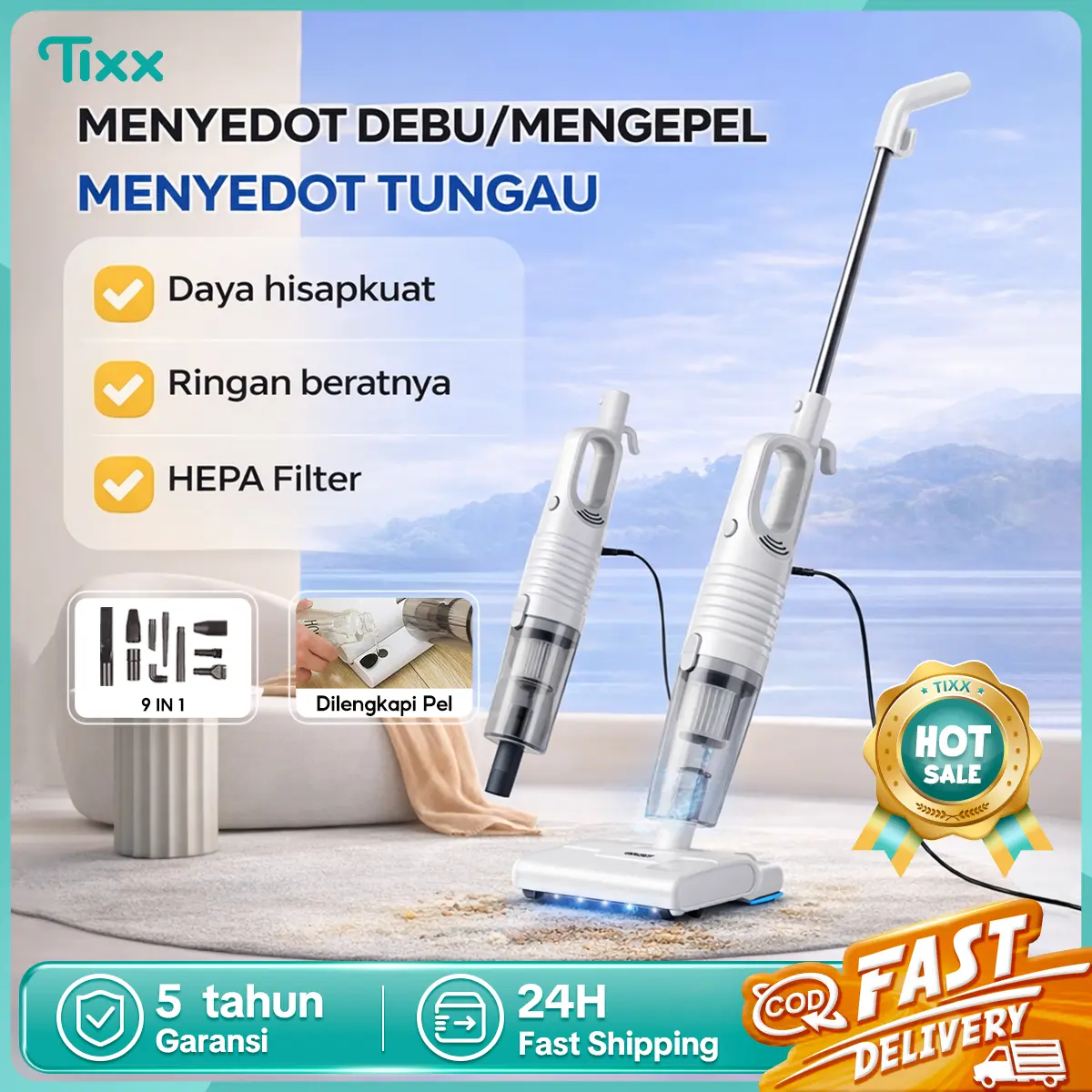 Tixx Vakumop 30000pa Japanese Made Cepat Bersih 1 Tangki Air+Pel Tersedia Diskon 20%+9 Spare Parts Gratis Bonus Brush Head, Cocok Untuk Rumah, Mobil, Kamar Mandi Vacuum Cleaner Penyedot Debu dan Pel 3IN1 HEPA FILTER Pembersih Rumah Tangga