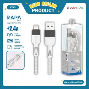 RAPAtech LINE-X (USB-A to Lightning Cable) USB A to Lightning Cable LINE MAX Kabel Lightning Iphone Kabel Lightning to USB  Kabel Data Fast Charging iPhone XR XS Max X 8 SE 7 6 Plus Charger USB to Lightning Cable Braided Warna Putih