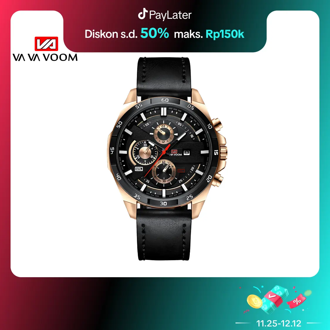 VAVAVOOM 216 Jam Tangan Pria Kulit Stainless Steel Analog Quartz Original Tahan Air Watch + Kotak Gratis watches
